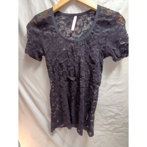 Eight Sixty Women Scoop Neck Lace Top Large Black Short Sleeve Sheer Rayon Blend
